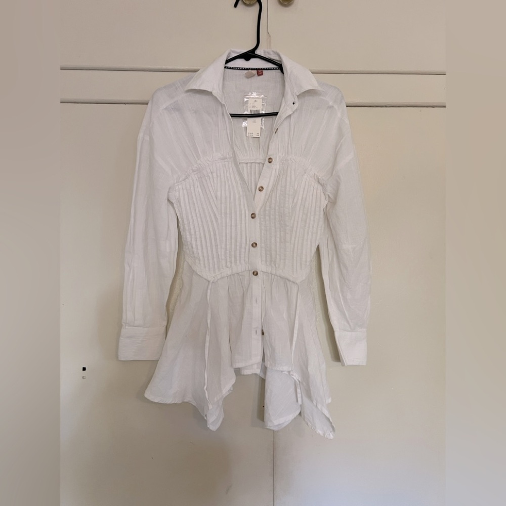 Pilcro White Corset Buttondown Pleated Peplum Victorian Top Shirt  XXS - Picture 2 of 6